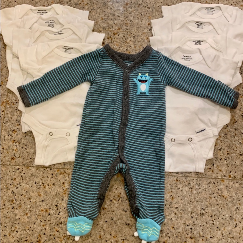 Set of 8 preemie onsies and pajamas